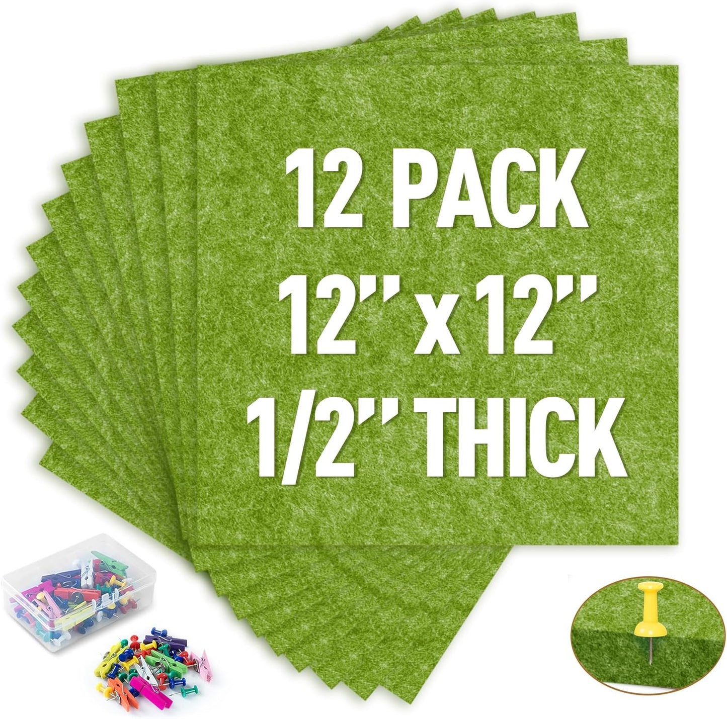 AKTOP Cork Bulletin Board 12x12, 1/2" Thick Felt Cork Board Tiles 12 Pack, Small Square Pin Board for Wall, Self Adhesive Corkboards with 120 Push Pin Wood Clips for School, Home & Office, Green