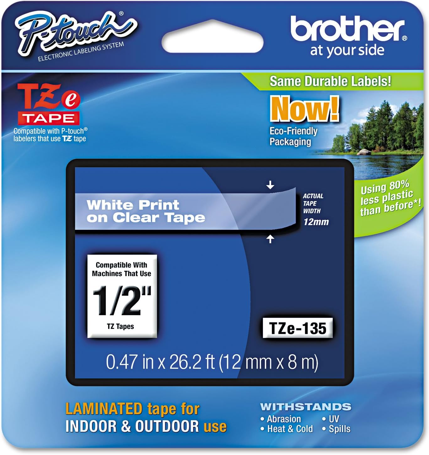 Brother Genuine P-Touch TZE-135 Tape, 1/2" (12 mm) Standard Laminated P-Touch Tape, White On Clear, Laminated for Indoor or Outdoor Use, Water-Resistant 26.2 ft (8 m), Single-Pack