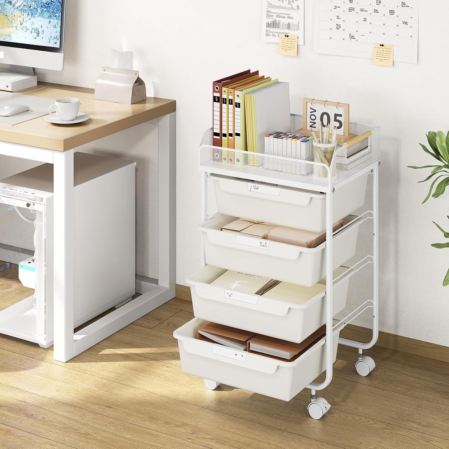 Rolling Utility Storage Cart with 4 Drawers - 4 Tiers Rolling Cart Craft Cart, Storage Drawer Cart Organizer for Craft Room Office Bedroom Classroom with Mesh Top & 4 PCS DIY Lable, White