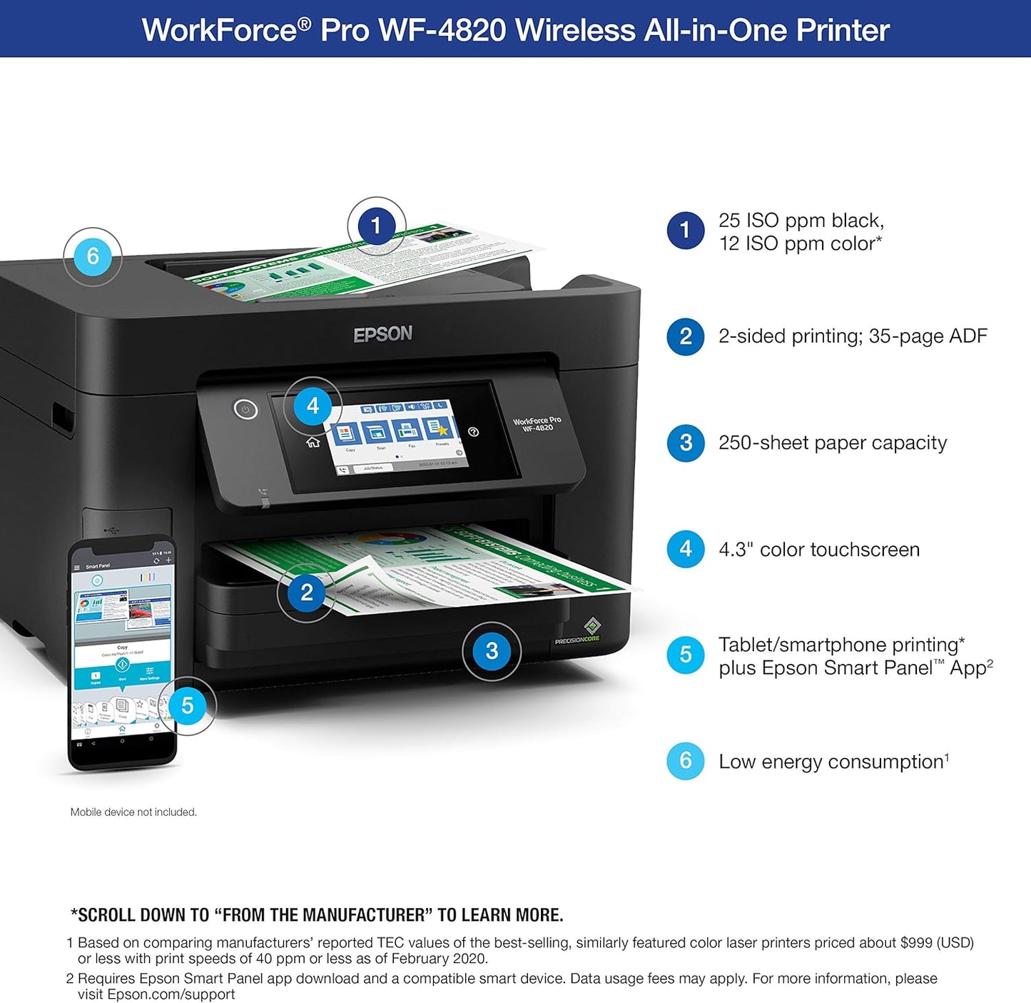 Epson® Workforce® Pro WF-4820 Wireless Color Inkjet All-in-One Printer, Black, Large & T252 DURABrite Ultra Ink High Capacity Black & Standard Color Cartridge Combo Pack (T252XL-BCS)