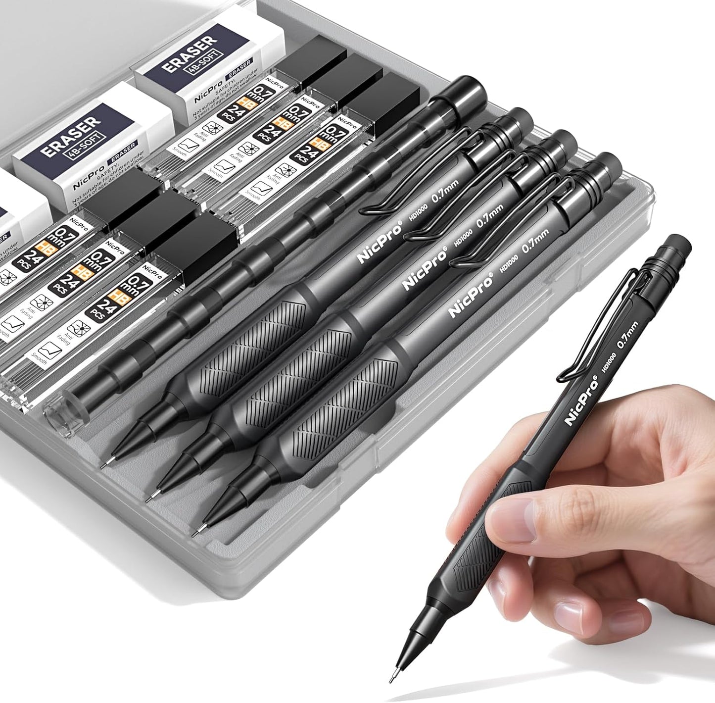 Nicpro 0.7 mm Mechanical Pencil Set with Case, 3PCS HD1000 Art Drafting Pencils Lead Pencil 0.7 With 6 Tube HB Lead Refills, Eraser, Weatherproof Barrel for Outdoor Writing Drafting Drawing Sketching