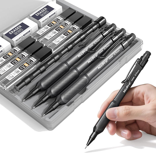 Nicpro 0.7 mm Mechanical Pencil Set with Case, 3PCS HD1000 Art Drafting Pencils Lead Pencil 0.7 With 6 Tube HB Lead Refills, Eraser, Weatherproof Barrel for Outdoor Writing Drafting Drawing Sketching
