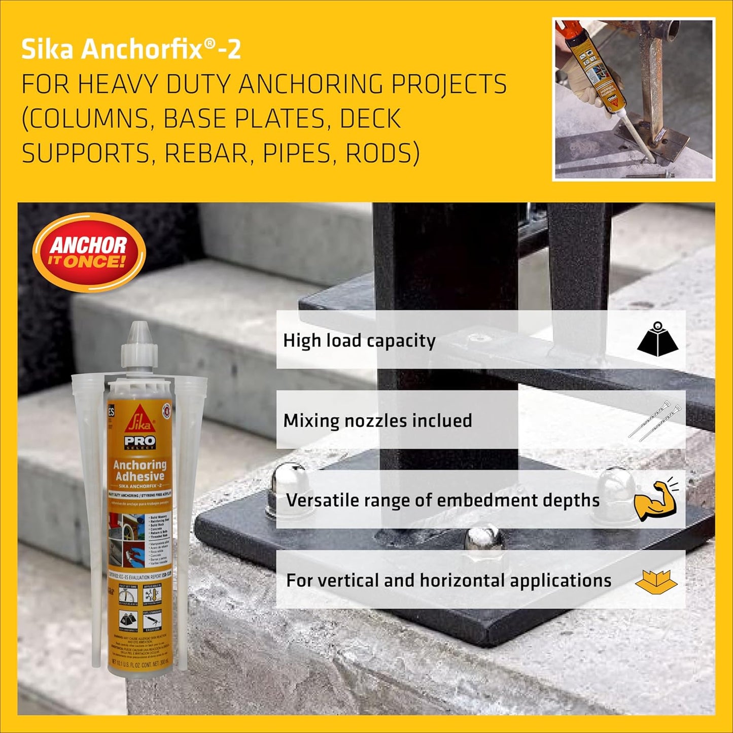 SIKA AnchorFix-2 Super Strength Anchoring Adhesive - Two-Component System for Threaded Rods in Concrete, 10.1 fl. oz - Fast Curing, Solvent-Free, High Load Capacity