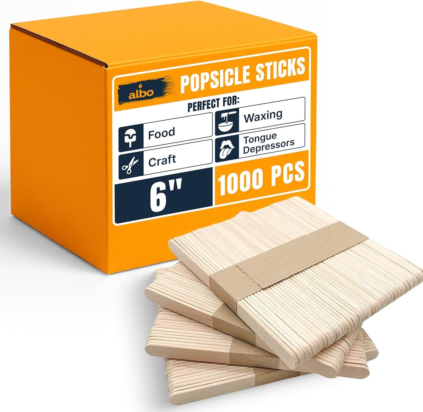 ALBO 1000 Pack 6" Wood Popsicle Sticks | Food-Safe Ice Cream, Cake Pop & Chocolate Molds | Waxing Applicators, Epoxy Resin Stir Sticks, Tongue Depressors | Bulk DIY Craft Supplies for Kids & Pros