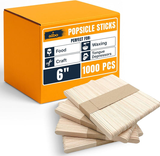 ALBO 1000 Pack 6" Wood Popsicle Sticks | Food-Safe Ice Cream, Cake Pop & Chocolate Molds | Waxing Applicators, Epoxy Resin Stir Sticks, Tongue Depressors | Bulk DIY Craft Supplies for Kids & Pros