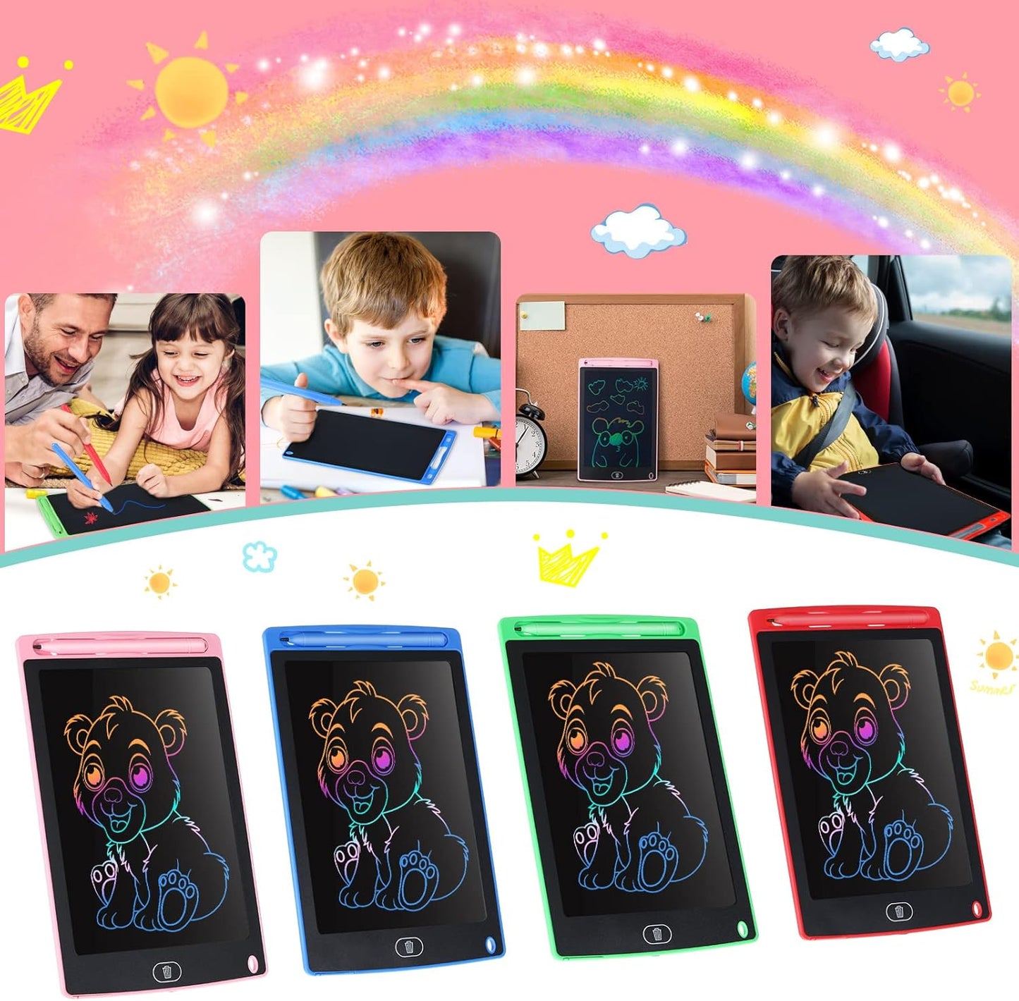 Zonon 4 Pcs LCD Writing Tablet 8.5 Inch Doodle Board Tablet Drawing Gifts LCD Writing Board Electronic Erasable Reusable Colorful Screen Pad(Blue, Red, Green, Pink)