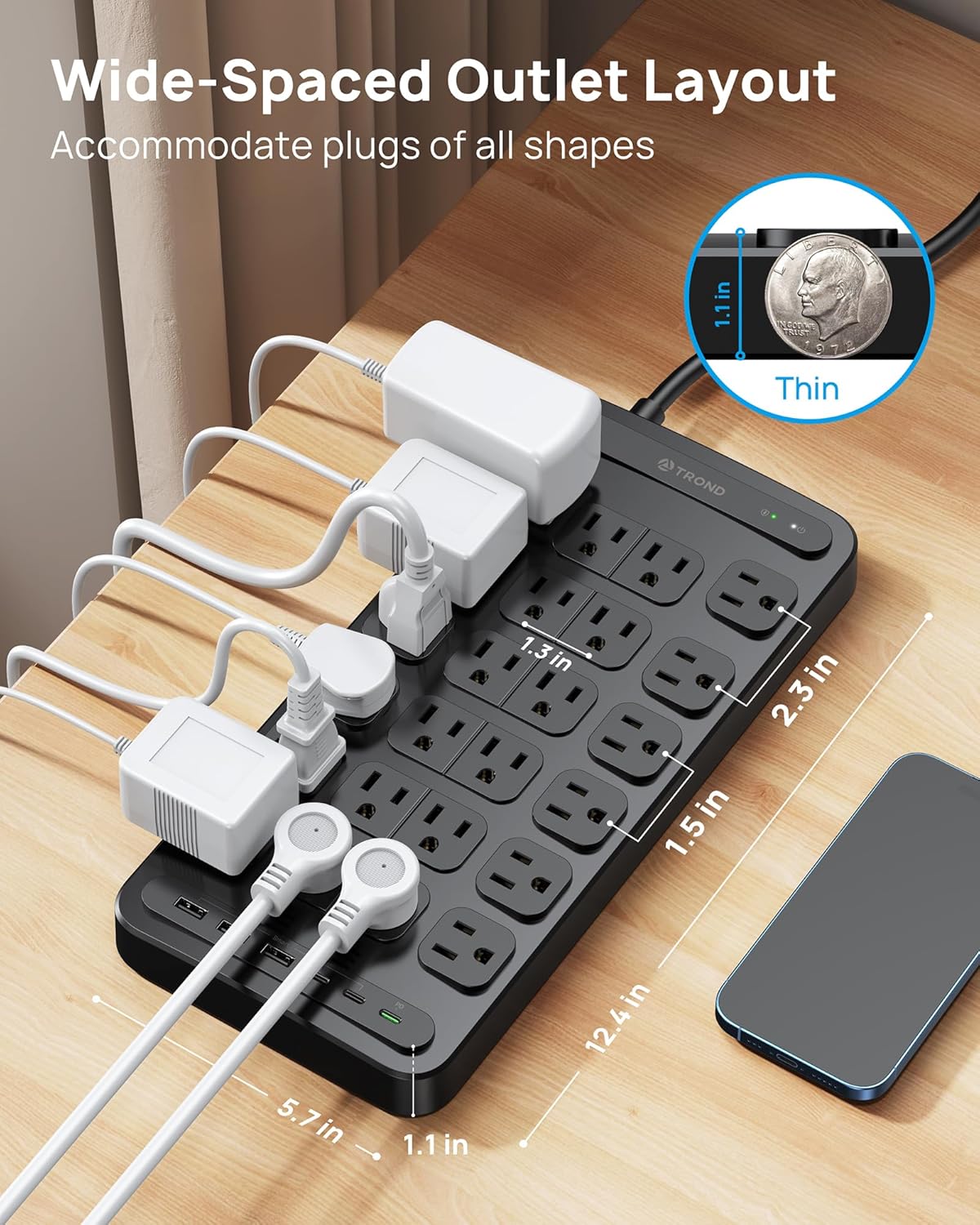 TROND Surge Protector Power Strip, 360° Rotating Flat Plug, 24 AC Outlets, 6 USB Ports Total 37W, 4000 Joules, ETL Listed, 10ft Heavy Duty Extension Cord 1875W for Gaming Dorm Room Essentials Black