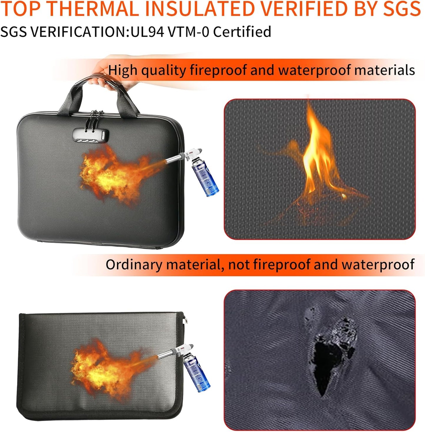 Fireproof Document File Organizer Bag, Black 5200°F Portable File Organizer Handbag With Lock,Hard Case Fireproof Waterproof Important Document Bag,Fire Safe Home Valuables Storage