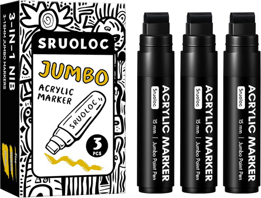 3 Jumbo Permanent Markers Black, 15mm Thick Wide Tip, Large Acrylic Paint Markers for Rock Painting, Poster, Stone, Ceramic, Glass, Wood, Canvas