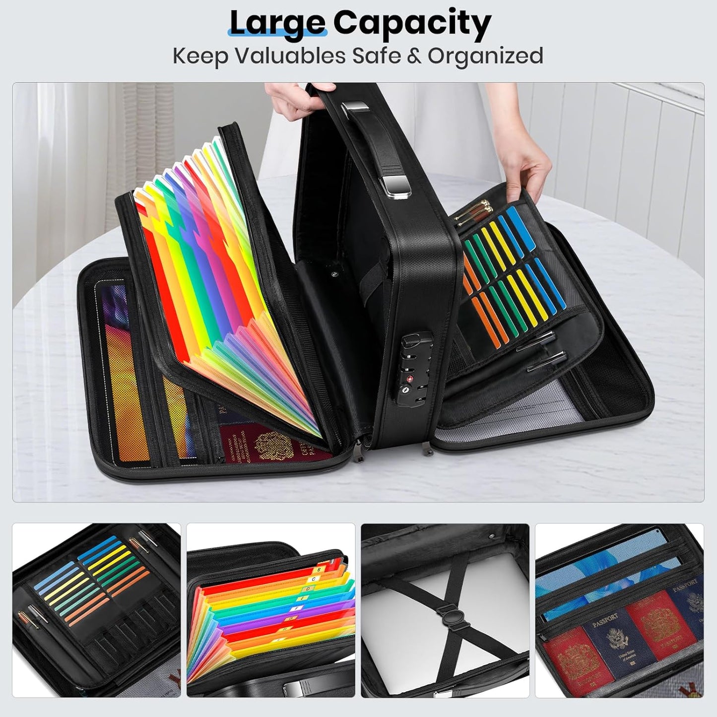 Fireproof Document Box Double-Zip, Hard-shell Waterproof Fire Proof Bag with Lock & File Folder, Portable Safe Organizer for Home Office Documents, Important Valuables Storage, Travel/Emergency Carry