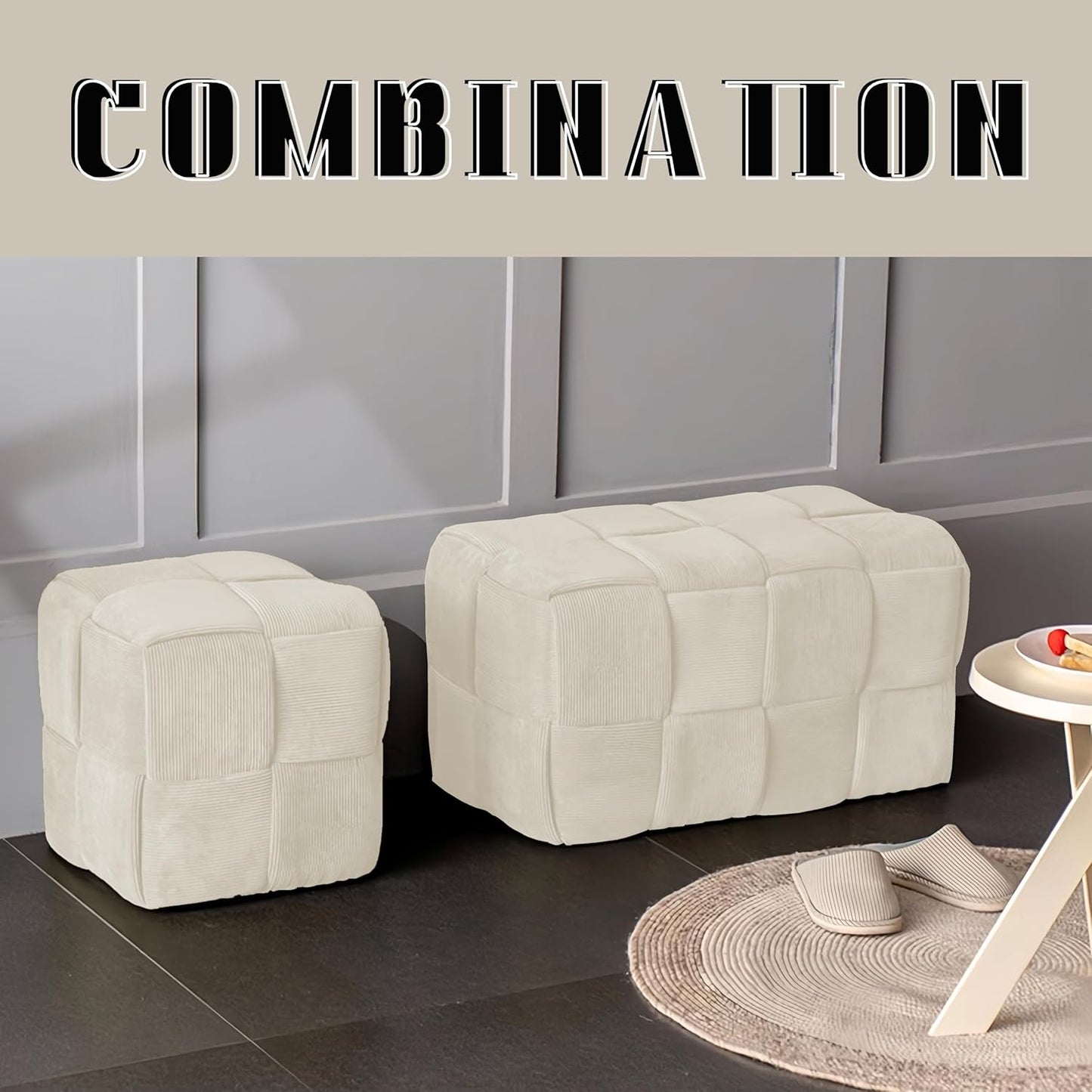 Ottoman Foot Rest Soft and Comfortable Ottoman Square Corduroy Woven Design Sofa Stool (White-L)