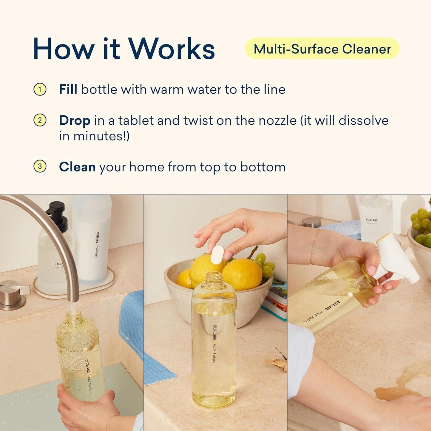 BLUELAND Multi-surface Cleaner, Starter Set, Fresh Lemon Scent, Spray Bottle with 4 Refill Tablets, All-Purpose, Eco-Friendly Cleaning Supplies, 4 x 24 Fl oz