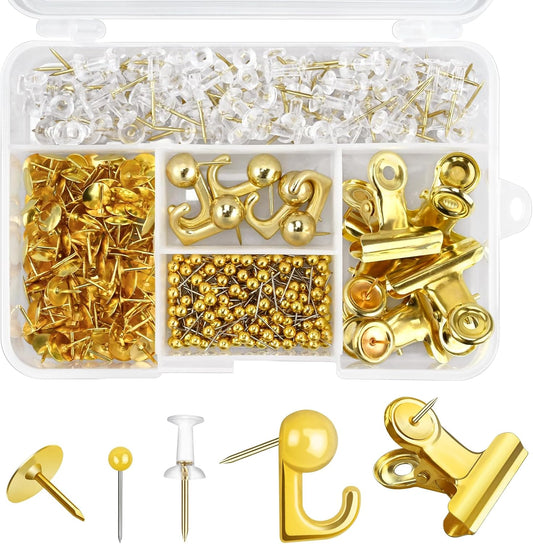 350 Pcs Gold Push Pins Set 5 Styles Decorative Thumb Tacks Assorted Push Pins for Bulletin Board, Cork Board