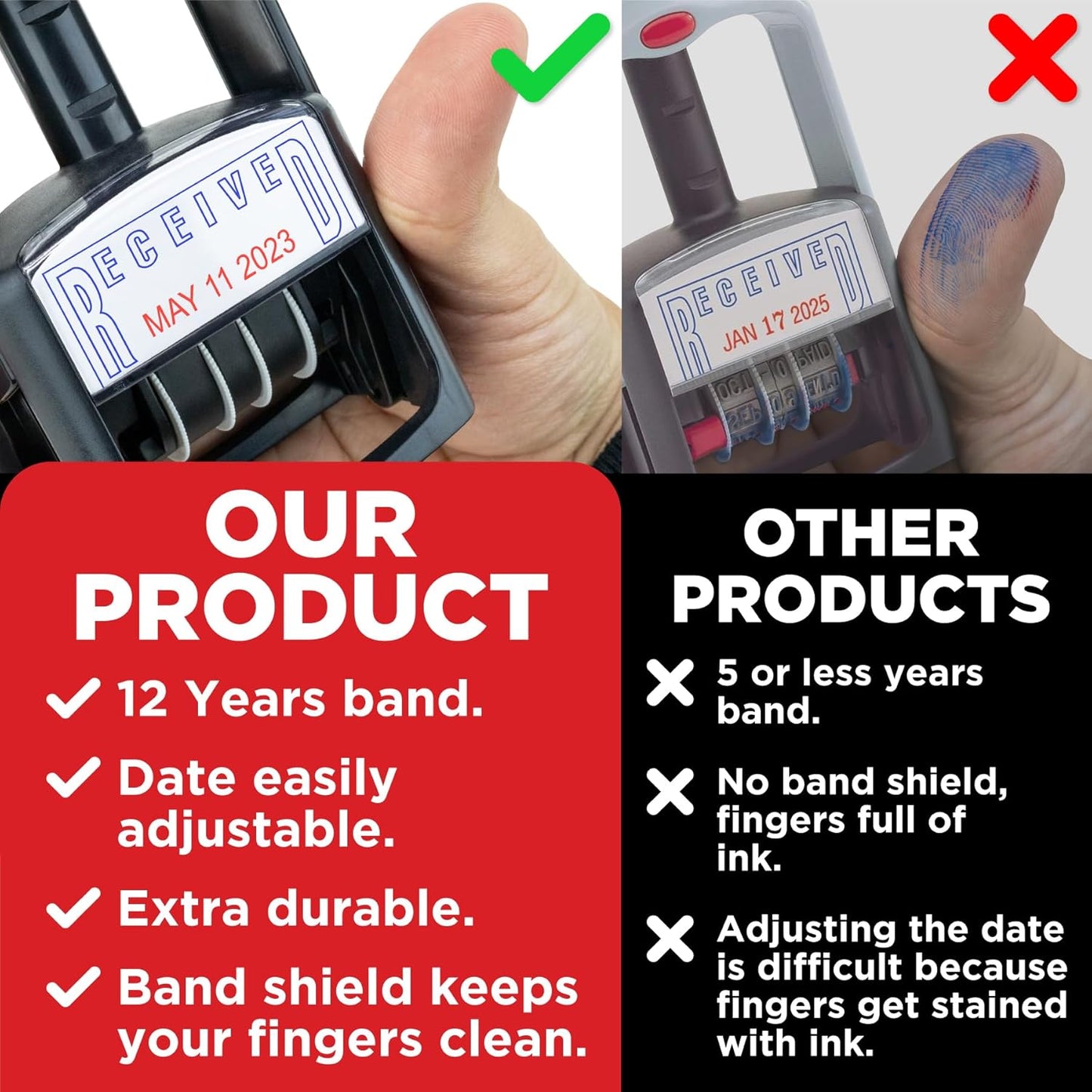 Self-Inking Rubber Date Office Stamp with Deposited Phrase - Blue Ink & Date Red Ink - 12-Year Band