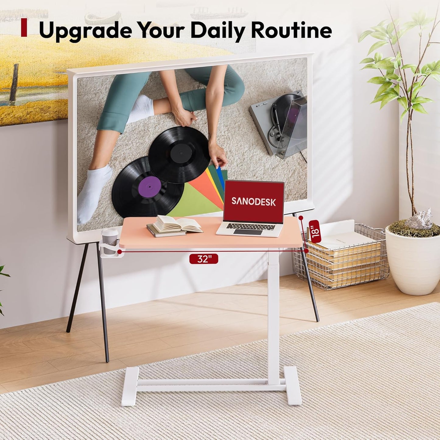 SANODESK Mobile Standing Desk with Hidden Wheels,Pneumatic Laptop Desk Rolling Computer Cart Movable Height Adjustable Small Sit Stand Desk for Home Office(31.5" W x 17.7" D, Pink)