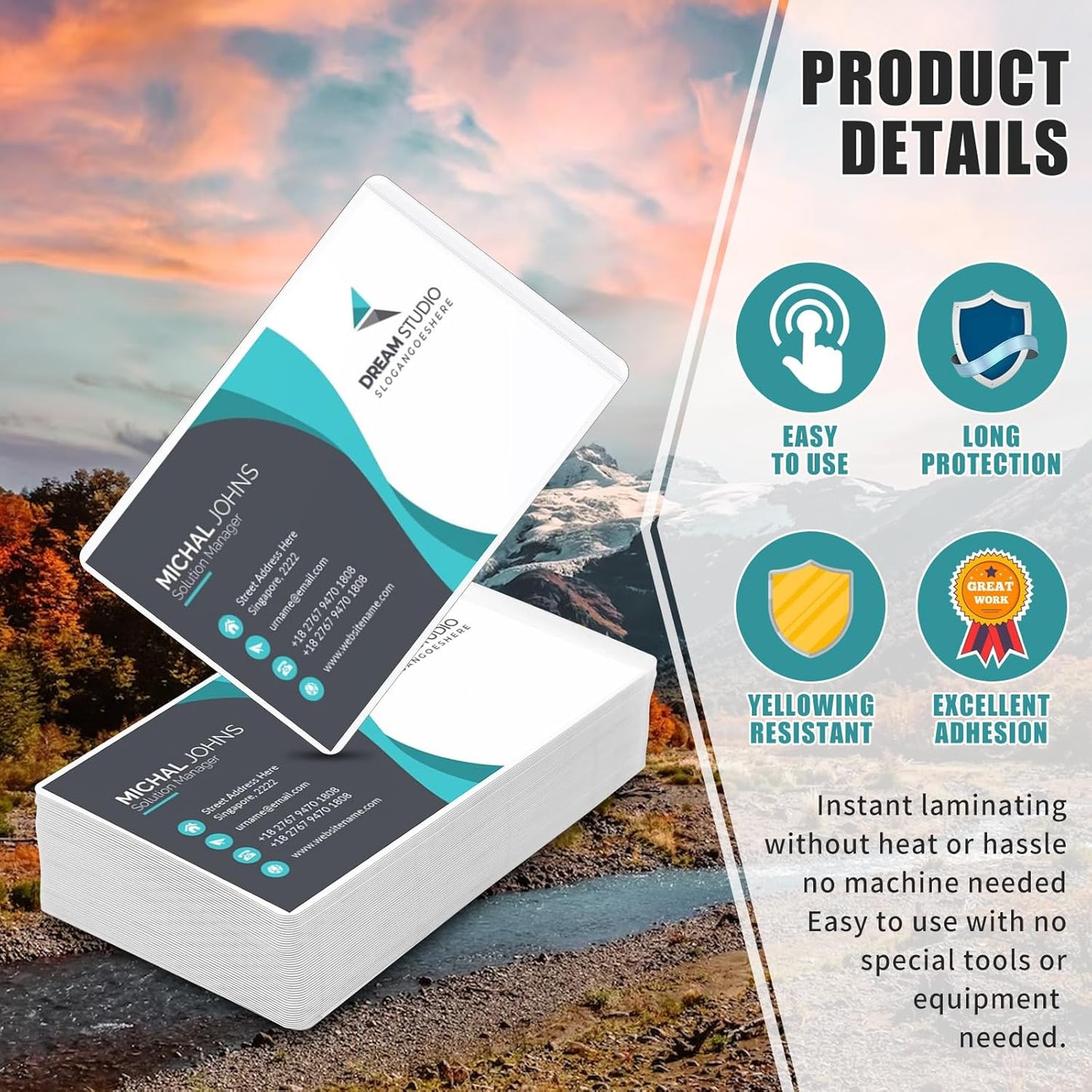 100 Sheets Self Seal Laminating Pouches Business Card Size 2.6x3.9inch Self Adhesive Laminating Sheets Gloss Finish No Laminating Machine Needed for Id Card Small Card