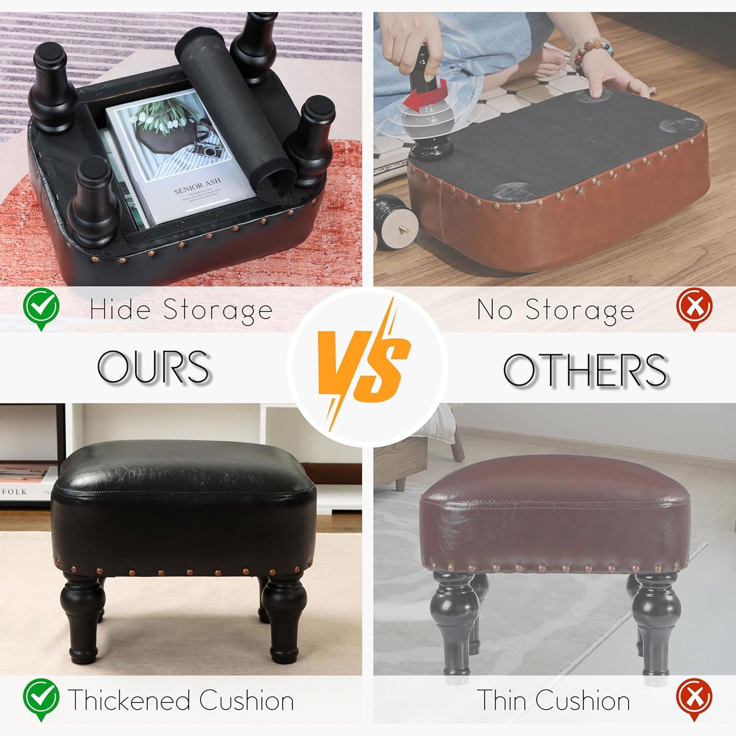 Ottoman Leather Foot Rest with Thicker Foam Padded Seat, Footstool with Wooden Legs (Black)