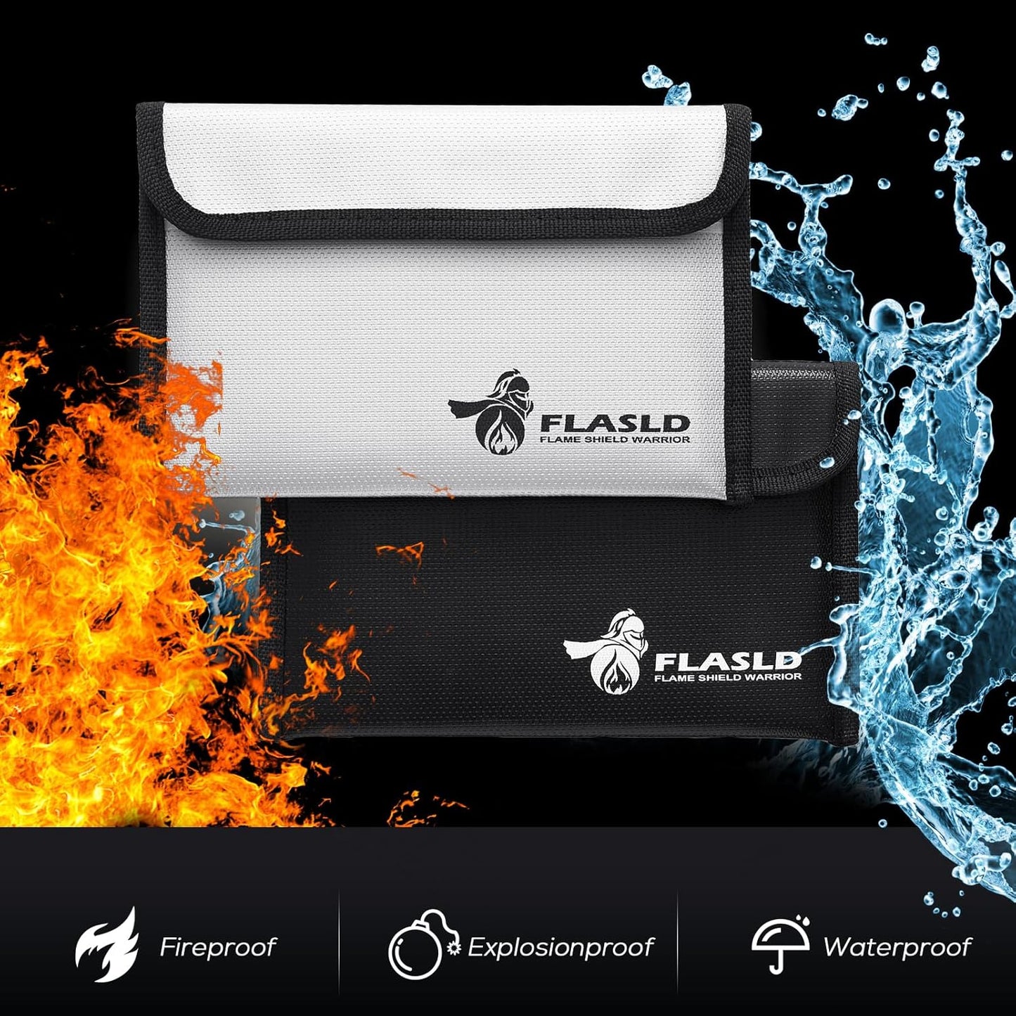 FLASLD Fireproof Money Bags, Fireproof Wallet Pouch, Small Safe Bag for Cash, Valuables & Passport, with Silicone Coating & Zipper Closure (2-Pack Money Bag-8x5”)