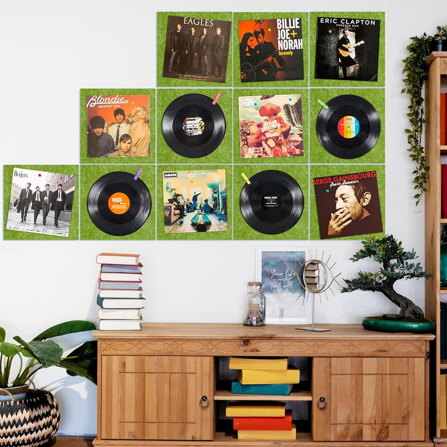 AKTOP Cork Bulletin Board 12x12, 1/2" Thick Felt Cork Board Tiles 12 Pack, Small Square Pin Board for Wall, Self Adhesive Corkboards with 120 Push Pin Wood Clips for School, Home & Office, Green