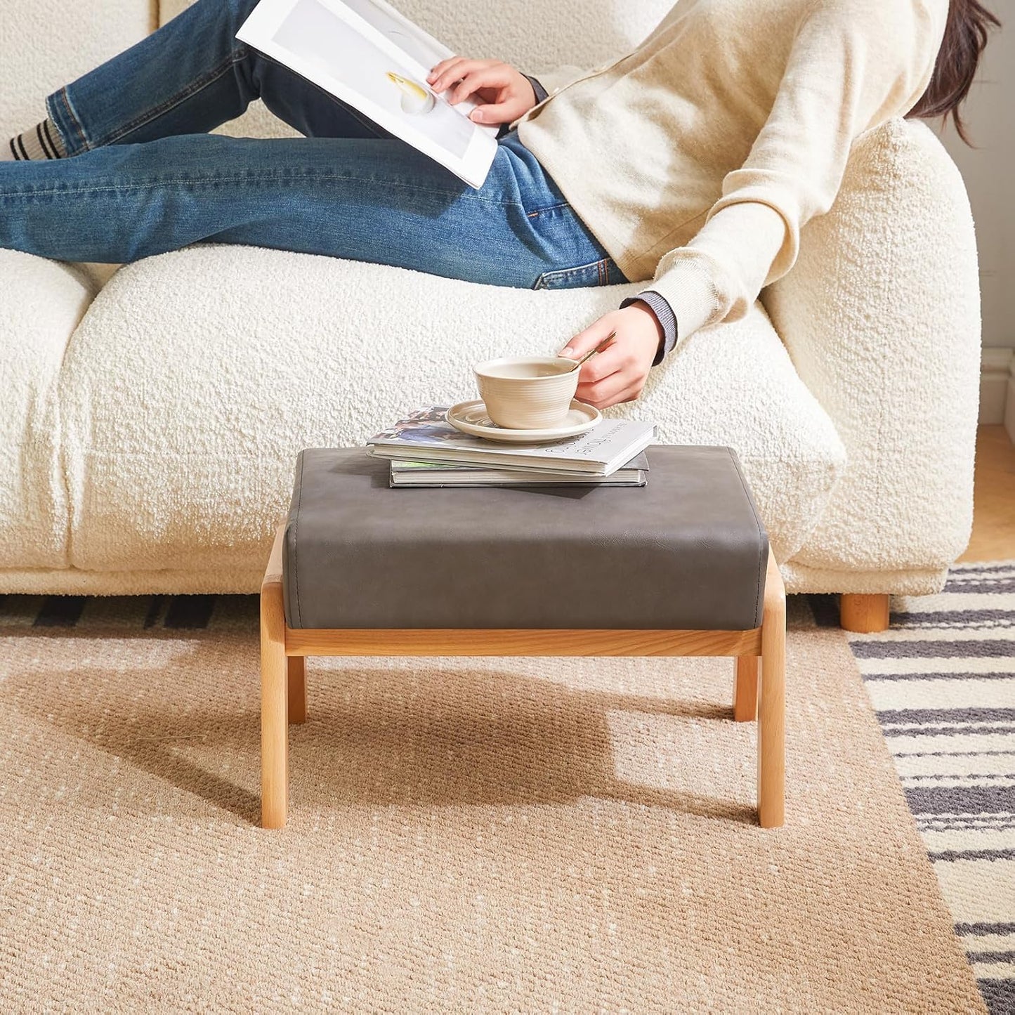 IBUYKE 10.2” H Small Foot Stool Ottoman, Rectangle PU Faux Leather Foot Rest with Padded Seat and Wood Legs, Modern Accent Ottoman Foot Rest for Living Room Bedroom Couch Office, Grey WBD013G