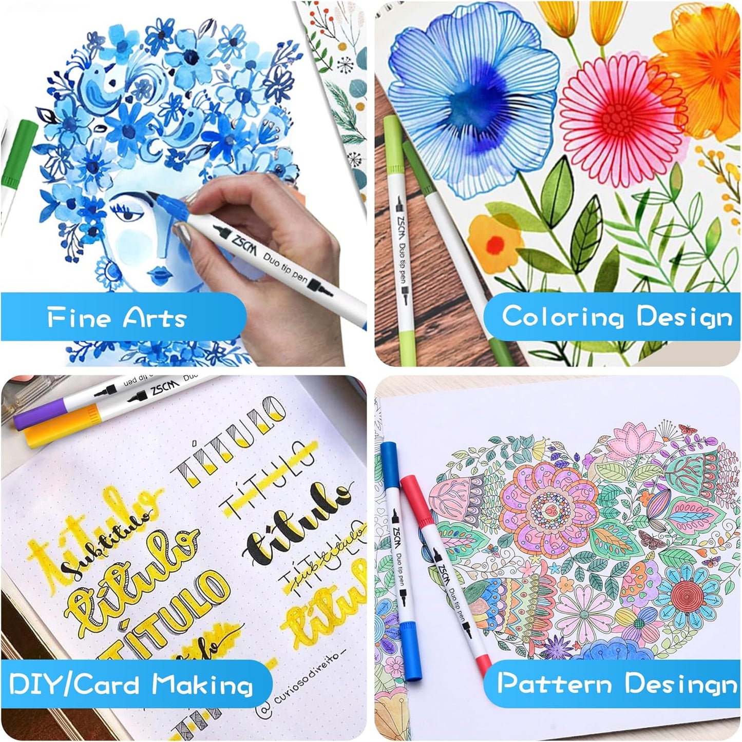 ZSCM 100 Colors Duo Tip Brush Markers Art Pen Set, Artist Fine and Brush Tip Colored Pens, for Adult Coloring Books Christmas Cards Drawing, Note taking Lettering Calligraphy Journaling