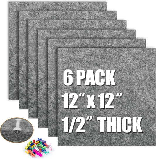 AKTOP Cork Bulletin Board 12x12, 1/2" Thick Felt Cork Board Tiles 6 Pack, Small Square Pin Board for Wall, Self Adhesive Corkboards with 60 Push Pin Wood Clips for School, Home & Office, Grey