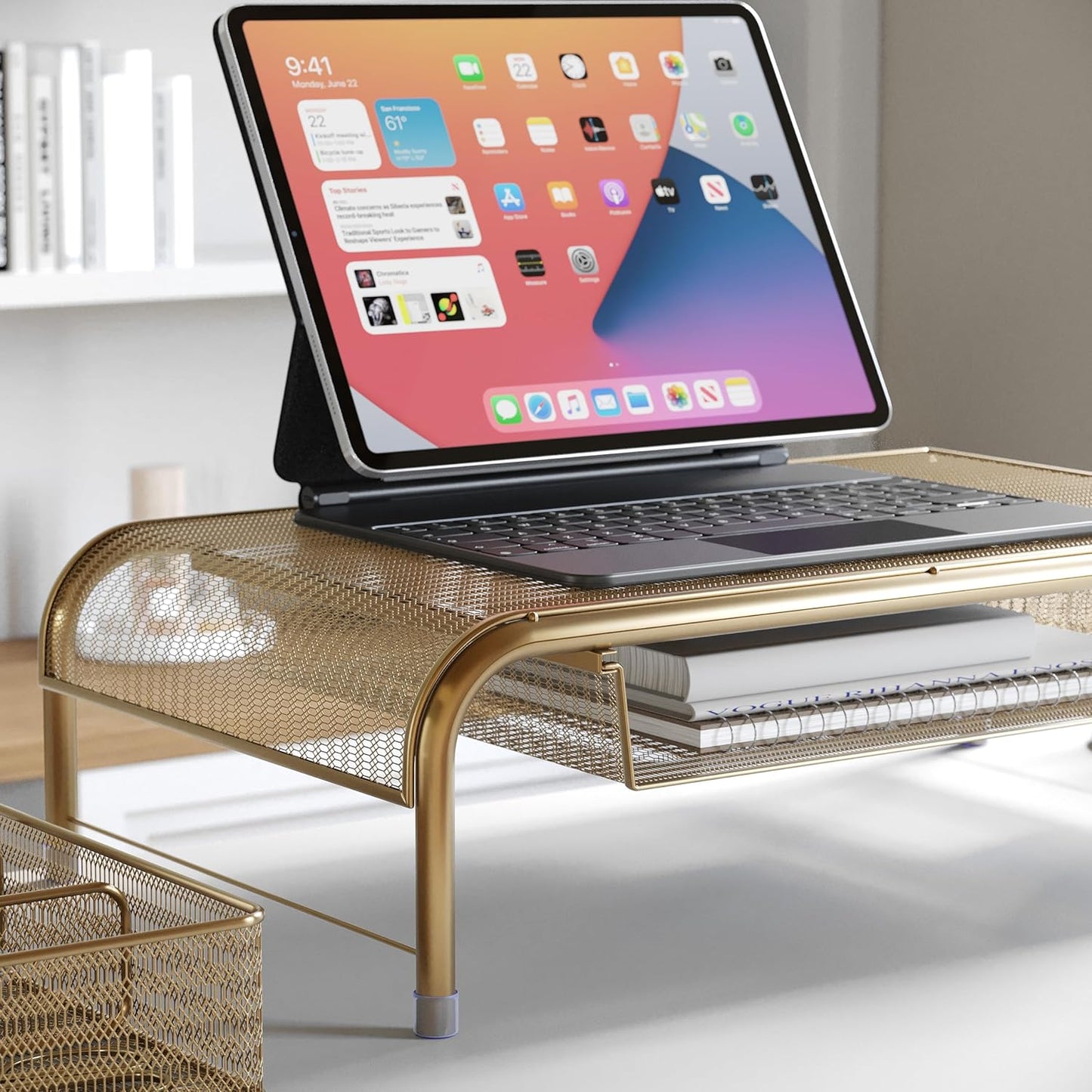 Martha Stewart Ryder Gold Mesh Metal Desktop Monitor Stand Riser with Organizer Drawer and Side Storage, 12.5 x 22.25 x 6.5 inches