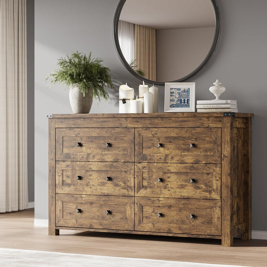 6-Drawer Dresser, Modern Wooden Storage Chest of Drawers, Dresser TV Stand, Wood Drawer Organizer with Metal Handles for Bedroom, Living Room, Hallway