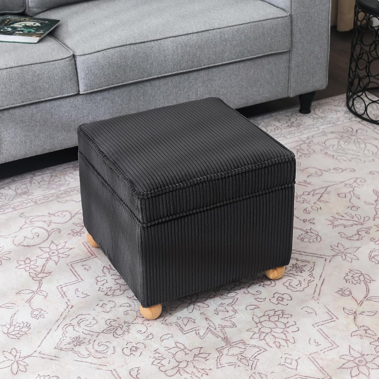 Adeco 17 Inch High Striped Flannel Black Cube Ottoman Storage, 3D Embossed Velvet Chair Foot Stools, Upholstered Vanity Stool with Hinged Lid, Solid Round Wood Legs