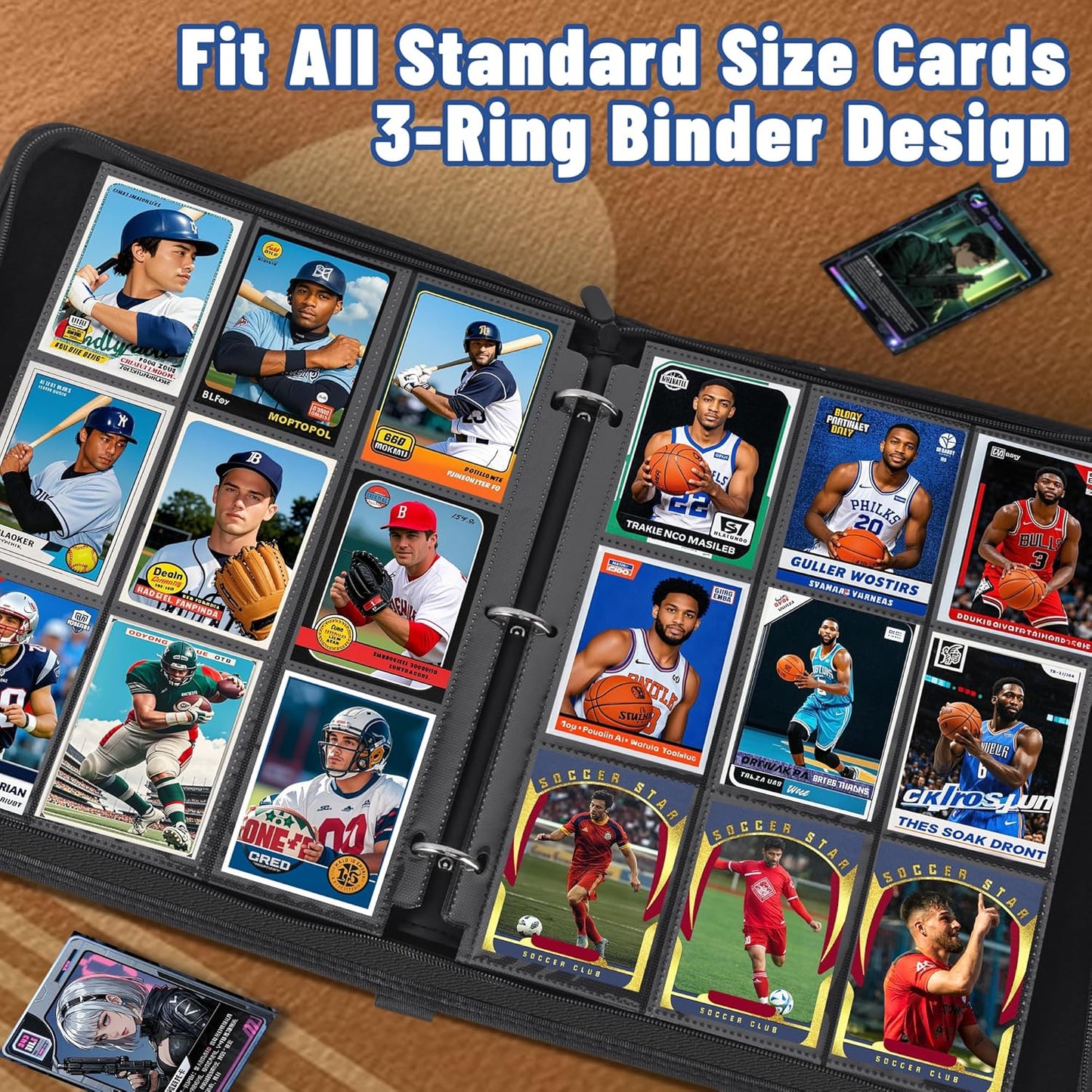 Trading Card Binder Sleeves, Baseball Holder Fit for Standard Size Sport Cards, 3 Ring Binder (Black)
