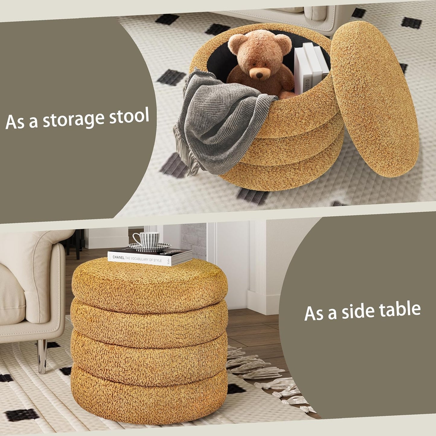 Storage Ottoman, Round Ottoman with Storage, Vanity Stool Foot Rest with Removable Lid, Round Boucle Upholstered for Living Room Pouf Footstool