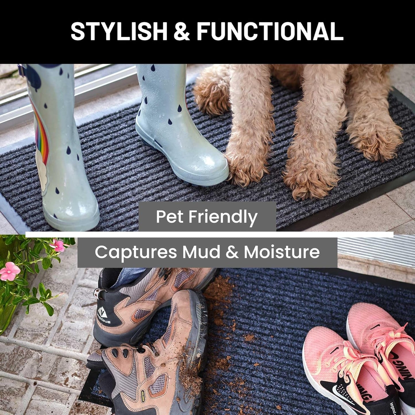 Sierra Concepts Front Door Mat Welcome Floor Mats - Entryway Indoor Outdoor Entrance Dog Doormat, Patio, Porch, Muddy Shoe, Inside Outside Low Profile, 30x17 inches, 2-Pack Blue