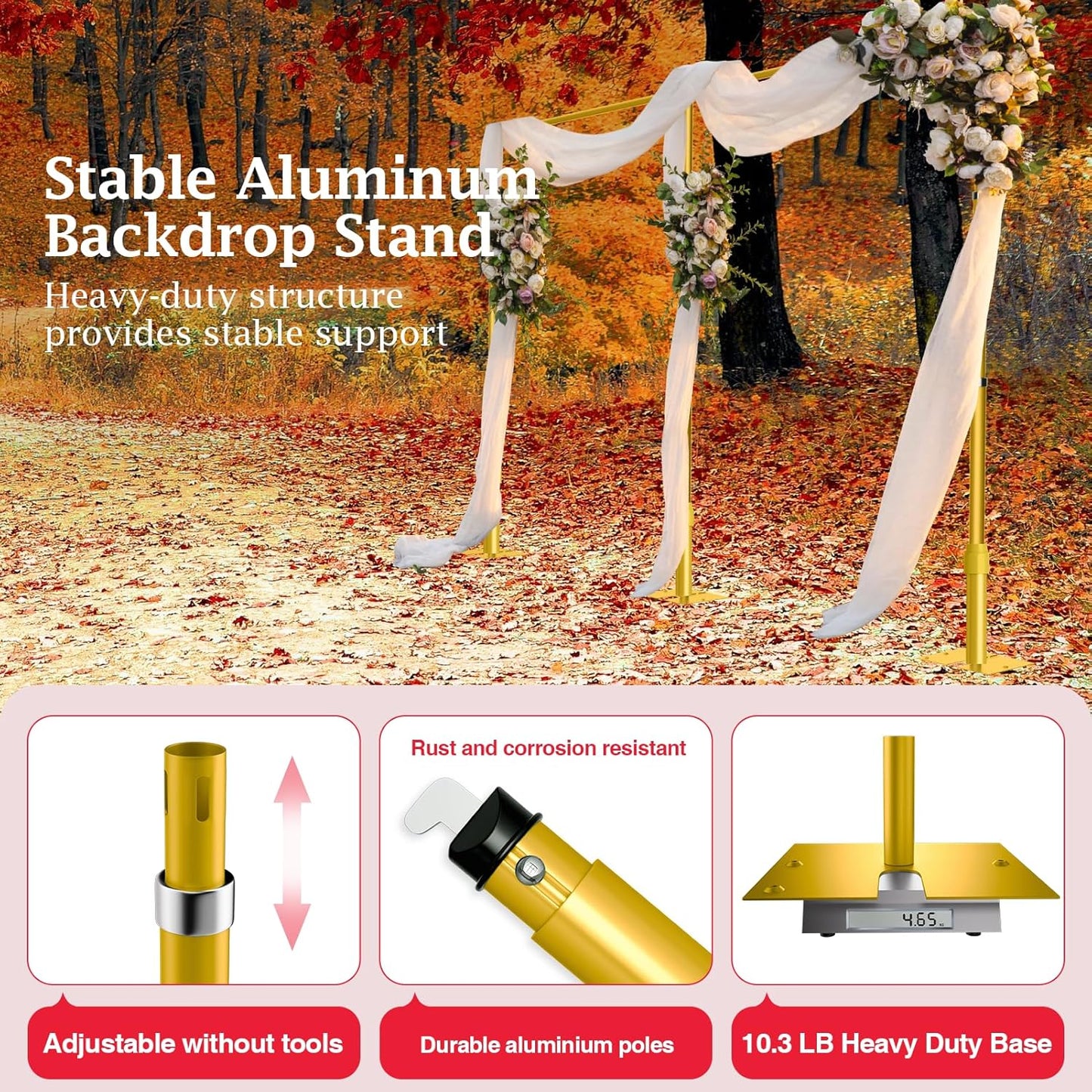 EMART Backdrop Stand Heavy Duty 10ftx20ft, Adjustable Pipe and Drape Photo Background Support Kit, Metal Frame with Flat Base for Wedding Birthday Party Banquet Decorations-Gold