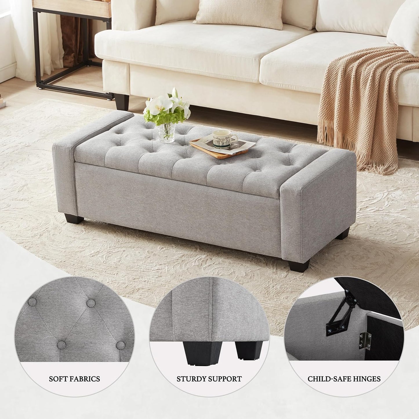 48" Ottoman with Storage, Storage Ottoman Bench with Safety Hinge, Upholstered Entryway Bench with Seating for Bedroom, Living Room, Holds up to 330 lb(Light Gray)