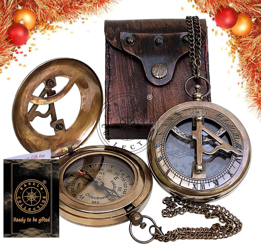 Brass Sundial Compass with Leather Case and Chain - Push Open Compass - Steampunk Accessory - Beautiful Handmade Gift - Nautical Sun Clock