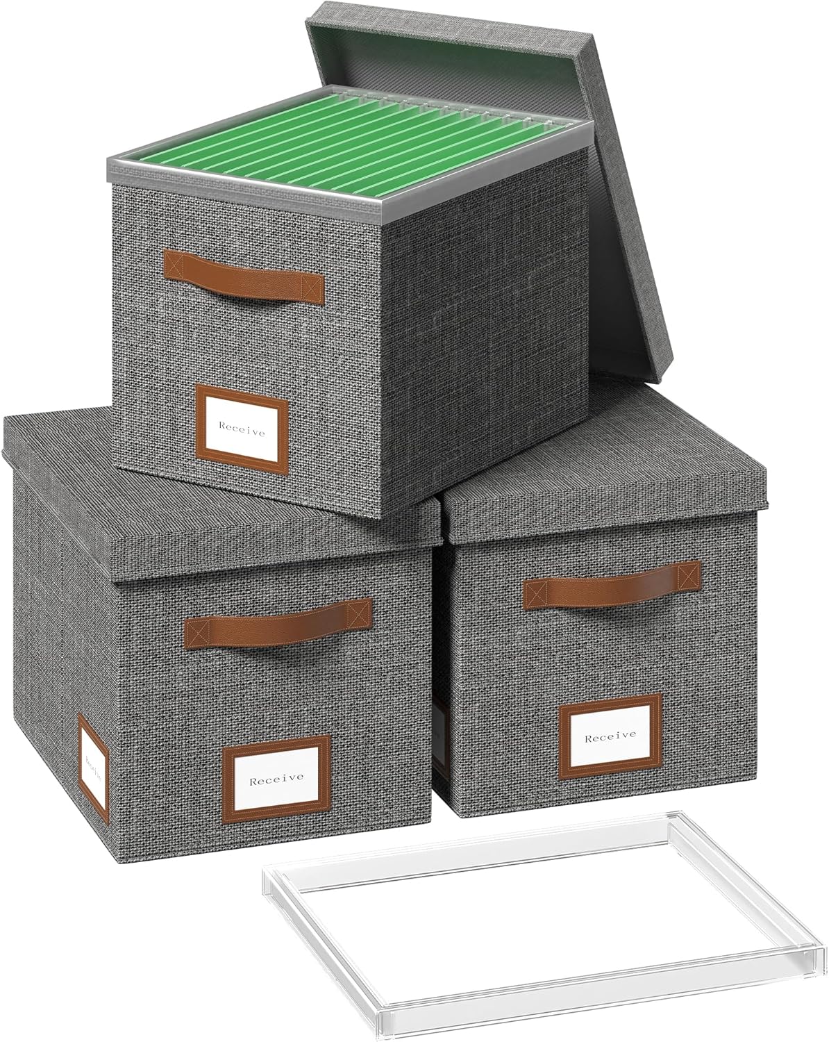 File Box for Hanging, File Organizer Box with Lid Decorative File Folders Letter Size Organizer with One-Piece Integrated Plastic Slide Rail (Grey, 13.2x10.1x10.1inch(3pack))