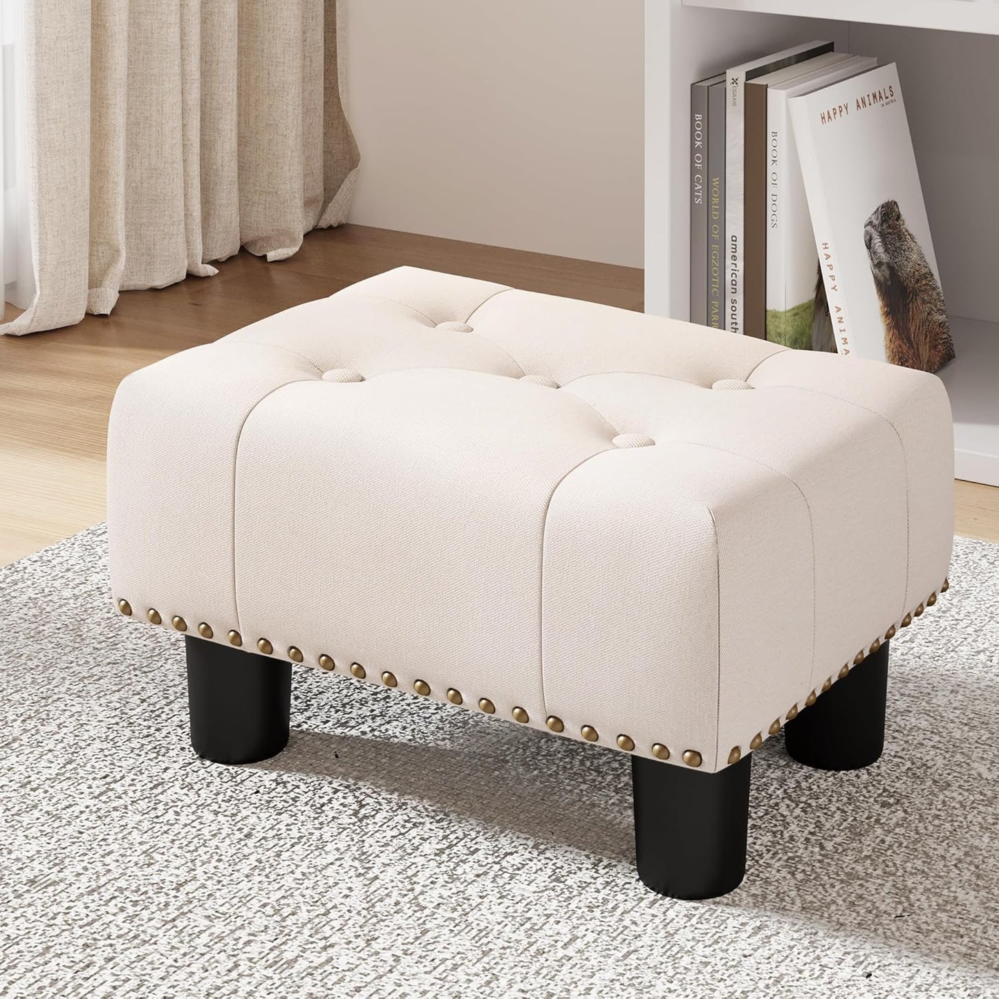 LUE BONA Small Tufted Foot Stool, Beige Rivet Fabric Ottoman with Plastic Legs, 9''H, Rectangle Footstool for Adult with Non-Slip Pads, Sofa Foot Rest for Living Room, Couch