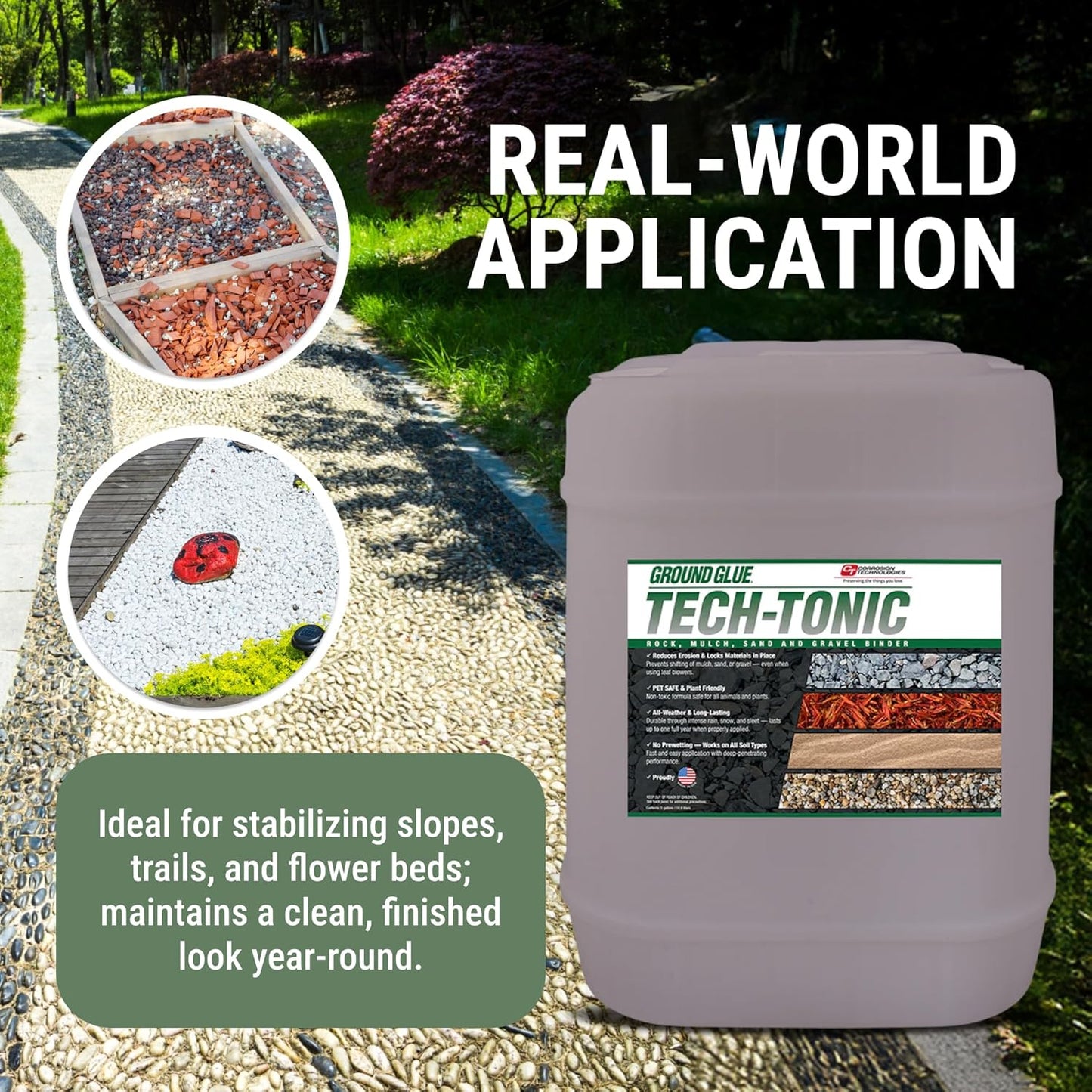 Ground Glue Tech-Tonic Landscape Adhesive for Rock, Mulch, and Sand, Weatherproof Long-Lasting Stabilizer for Trails & Slopes, Pet-Safe Binder for Pea Gravel, Bark & Flower Beds, 5 Gallon Tote