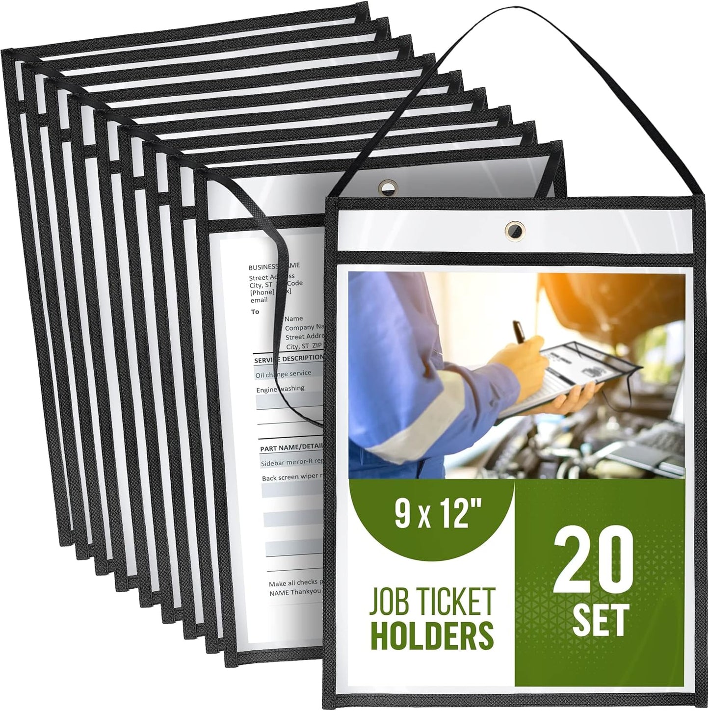 20 Pack Job Ticket Holders 9x12 with Strap - Permit Holder for Documents - Hanging Shop Ticket Holders - Work Order Plastic Sleeves - Dry Erase Pockets Sleeves Mechanic & Automotive Work Order Sleeve