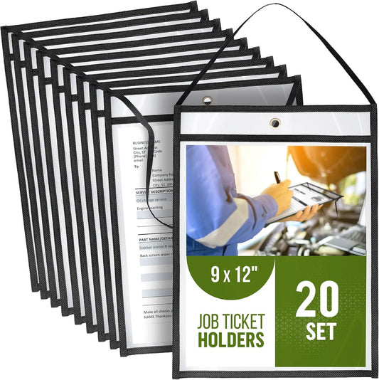 20 Pack Job Ticket Holders 9x12 with Strap - Permit Holder for Documents - Hanging Shop Ticket Holders - Work Order Plastic Sleeves - Dry Erase Pockets Sleeves Mechanic & Automotive Work Order Sleeve