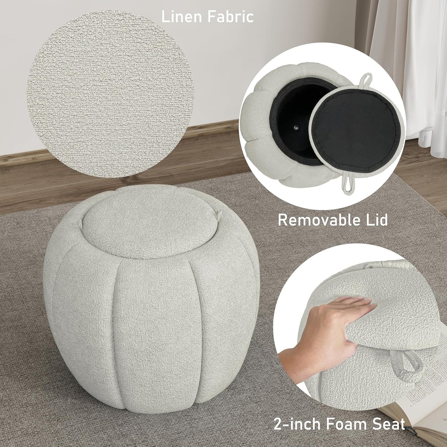 Storage Ottoman, Round Ottoman with Storage, Upholstered Soft Vanity Stool for Living Room, Foot Stool for Bedroom, Entryway (Light Gray)