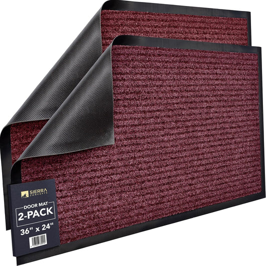 Sierra Concepts Front Door Mat Large Welcome Floor Mats - Entryway Indoor Outdoor Entrance Doormat, Patio, Porch, Muddy Dog Shoe, Inside Outside Low Profile 36x24in, 2-Pack Red