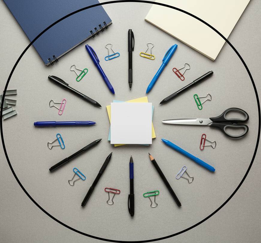 circle photo of office supplies, make a real photo